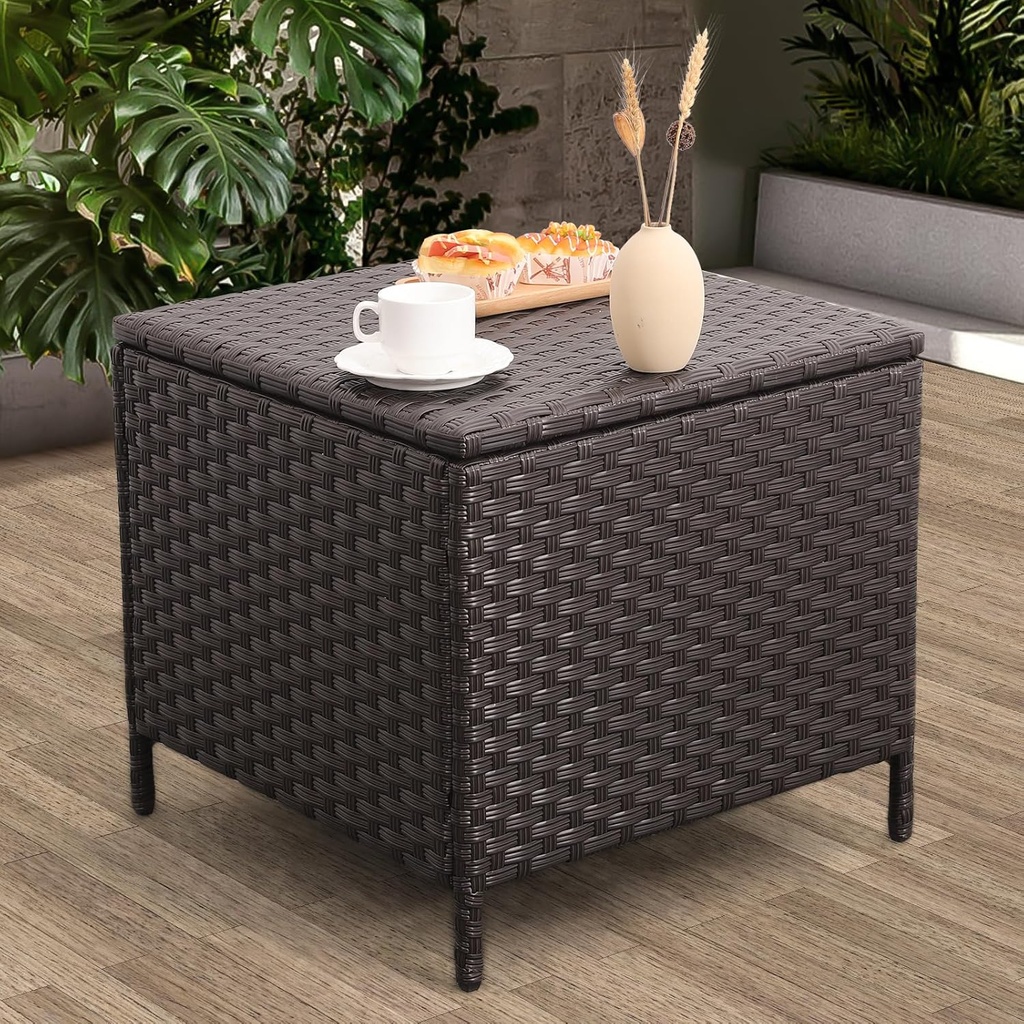 Outdoor Wicker Storage Side Table, Patio Brown PE Rattan End Table with Storage, Square Container for Furniture Covers, Toys, and Gardening Tools