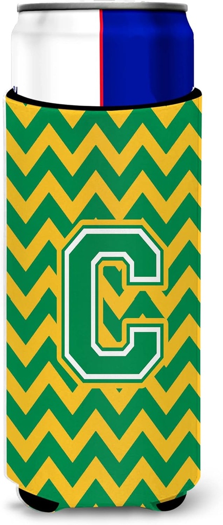 Letter C Chevron Green and Gold Ultra Beverage Insulators for slim cans