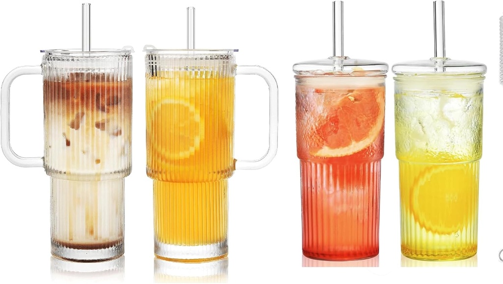 ALINK 26 oz Ribbed Glass Tumbler and 22 oz High Borosilicate Clear Iced Coffee Glass Tumblers
