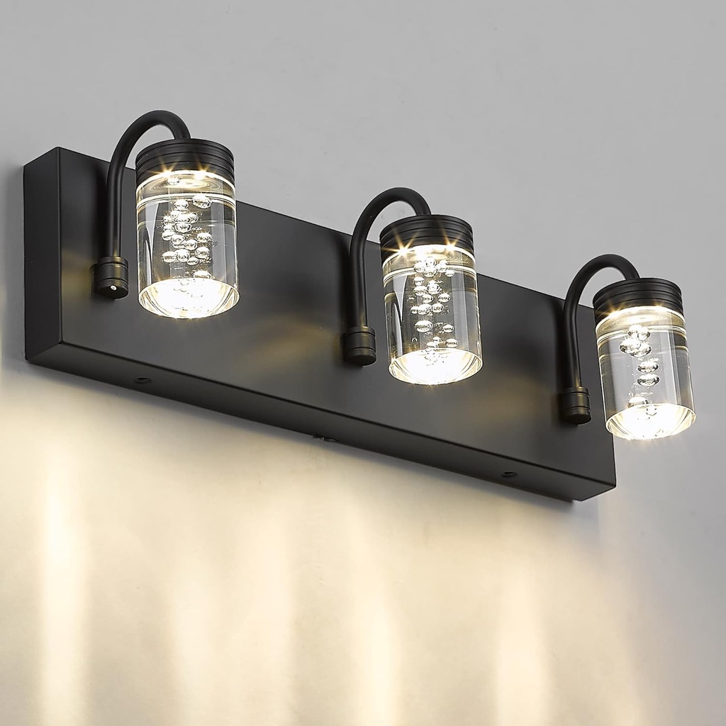 LMS Modern Crystal LED Bathroom Lights Fixtures Over Mirror Black 3 Light Vanity Light for Bathroom 12W 3000/4000/5000K Neutral White Light LMS-176