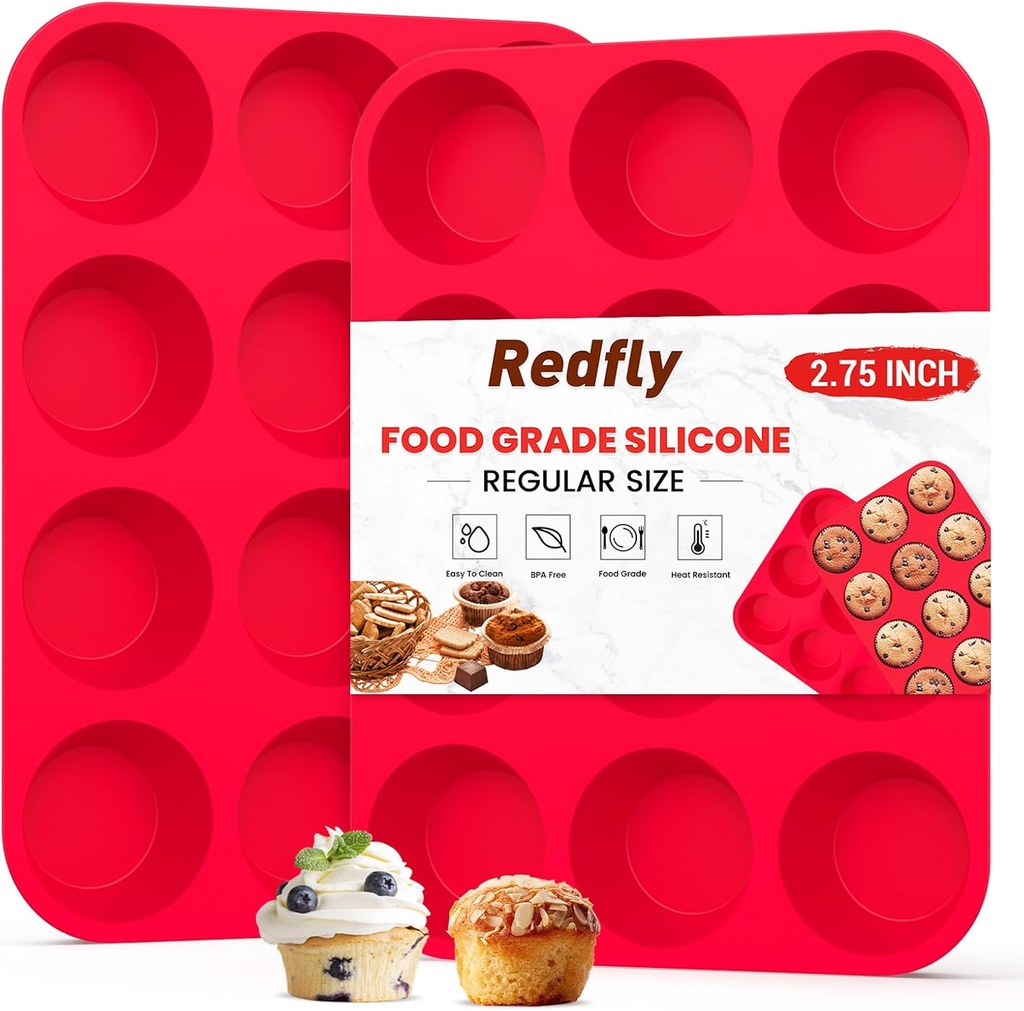 Redfly 2 Pack Silicone Muffin Pan & Cupcake Pans for Baking - 12 Cup Regular Size BPA Free Egg Bites Molds