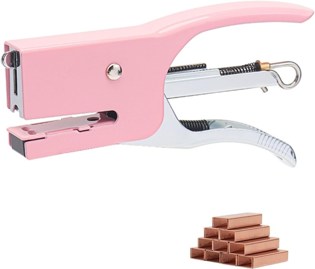 Pink Plier Stapler with 1000pcs Rose Gold No.10 Staples Mini Stapler Manual Metal Hand Held Tiny Staplers for Crafting Desk Desktop Office Supplies Stapling