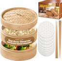 2-Tier 08-inch Bamboo Steamer Basket with Lid|3x Pc Dumpling steamer|2x Chopsticks|50x Perforated Liners| Easy to clean bamboo Steamer Baskets for Cooking Rice & Vegetable