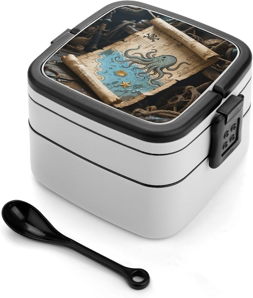 Pirate Map Bento Box - Double Layer, Leakproof Food Containers with Partition & Spoon, Stackable Lunch Box for Office, Travel, Camping