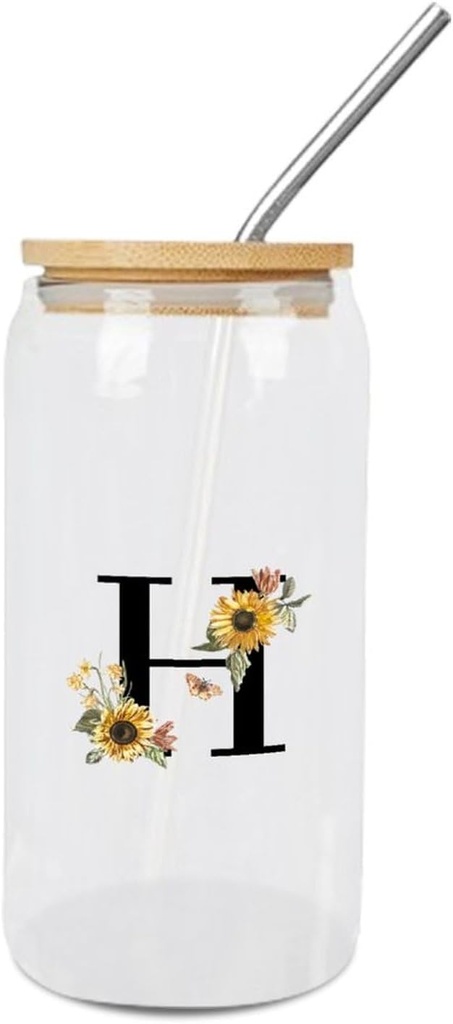Glass Cups with Bamboo Lids And Straw 16 Oz, Sunflower Black Monogram Alphabet Initial Letter H Iced Tea Glasses Drinking Glasses Set Tumbler Glass Can Coffee Cups, Drinking Glassware