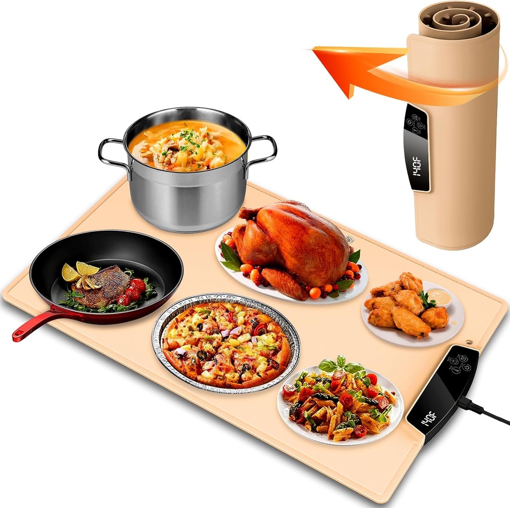 Electric Food Warmer Mat – Portable, Rollable Warming Tray for Buffets & Parties, Heats in 10s with Timer – Ideal for Family Meals, Party Servers, Holiday & Gifts for Women & Gifts for Men