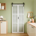 32" x 84" Paintable Frosted Glass Bi-Fold Sliding Barn Door, Pre-Assembled Solid Core Panel Bifold Barn Door with Hardware Kit Included, Water-Resistant Primed White Finish, Effective Sound Reduction