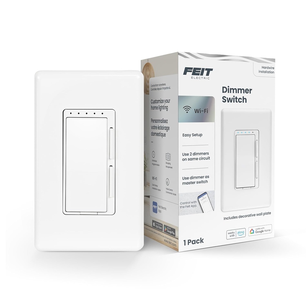 Feit Electric Smart Dimmer Switch, Neutral Wire Required for Installation, Compatible with Amazon Alexa and Google Assistant, Smart Dimmer Light Switch, White, Model:DIM/WiFi