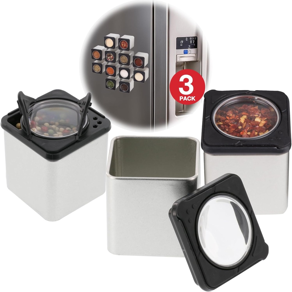 Set of 3 Magnetic Spice Jars, Shake or Pour Containers Attach to Most Refrigerator Doors & Appliances, Seasoning Dispensers- Easy To Open Window Top Shaker Lids- Kitchen Essential