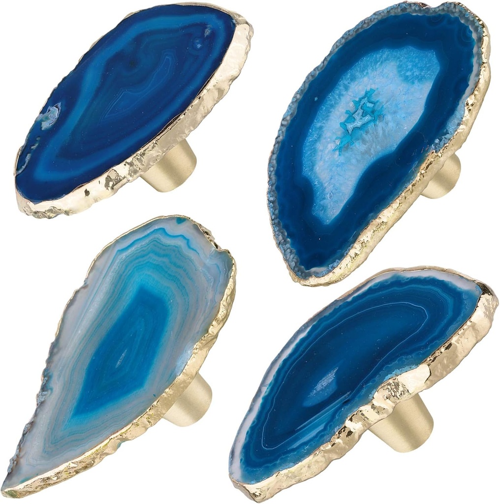 mookaitedecor Set of 4 Gold Plated Agate Slice Drawer Knobs Geode Stone Pull Handles Decorative Dresser Wardrobe Kitchen Cabinet, Blue