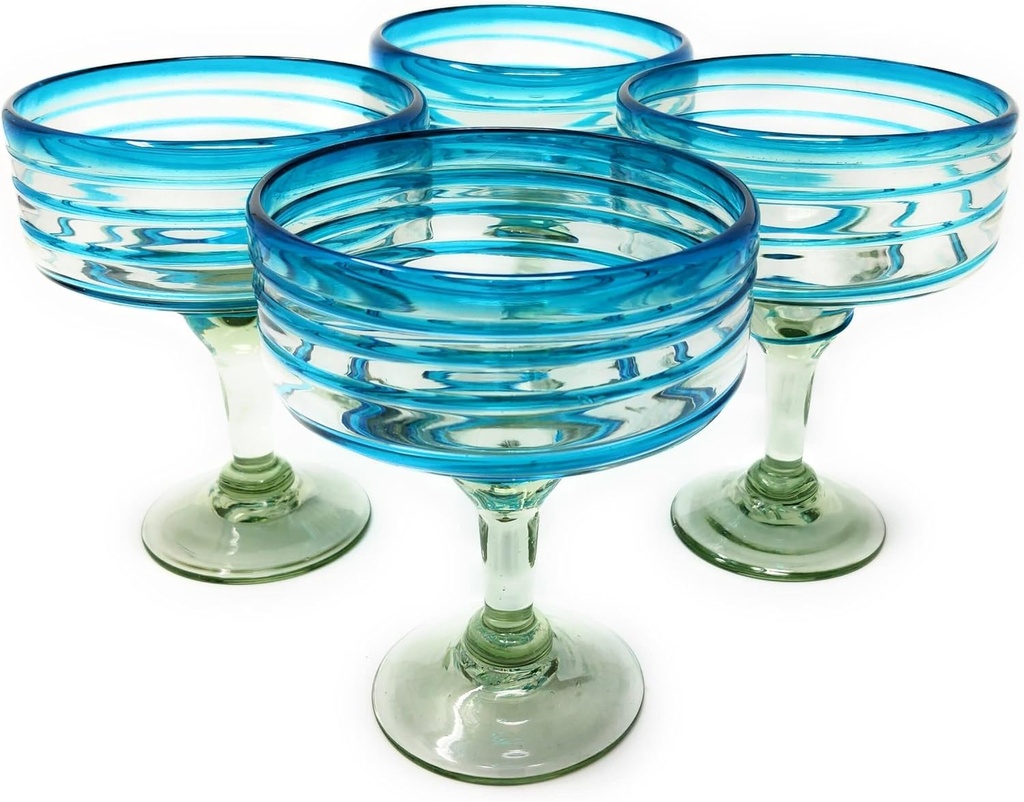 Mexican Hand Blown Glass Set of 4 Glasses with Aqua Spiral Design Blue Piece Handmade