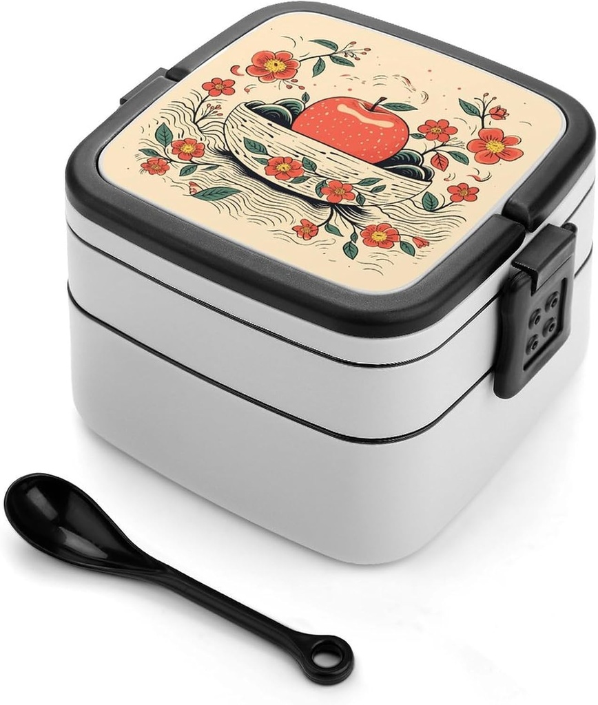 Hand Drawn Fruits Bento Box Adult Lunch Box All-in-One Lunch Containers with Removable Compartments Double Layer Bento Lunch Box with Spoon And Handle Stackable Lunchbox