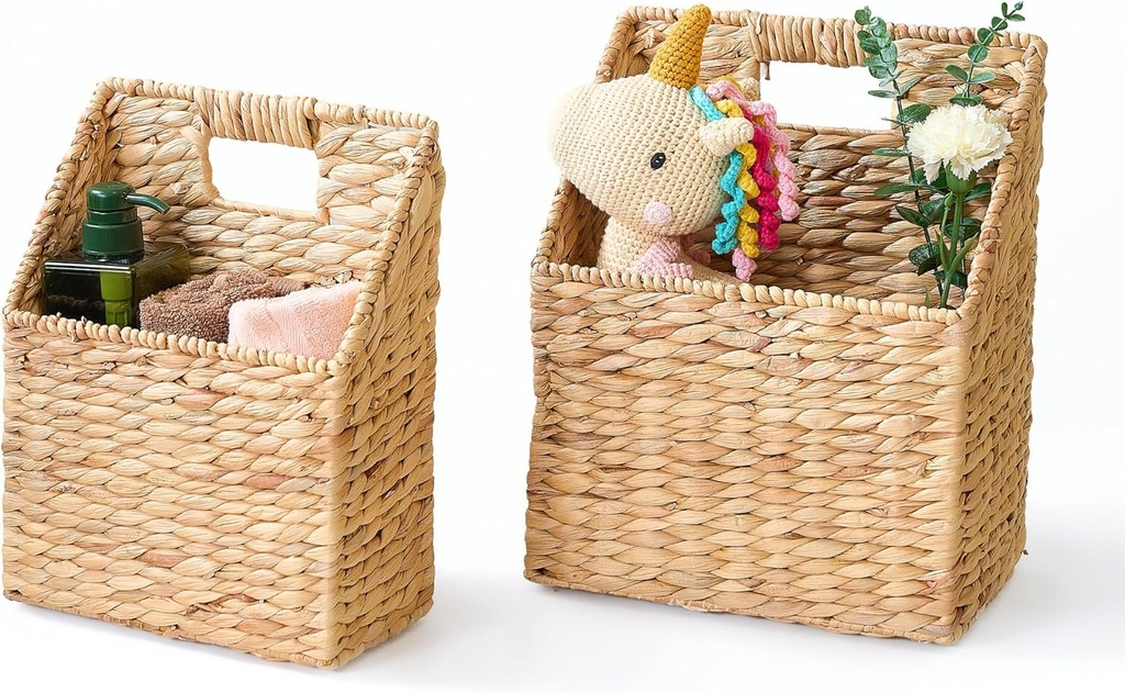 Set of 2 Hanging Storage Basket, Wicker Water Hyacinth Wall Hanging Basket with Handle for Mails, Files, Books, Plants or Accessories, Wall-Mounted Organizer for Bedroom, Kitchen, Office