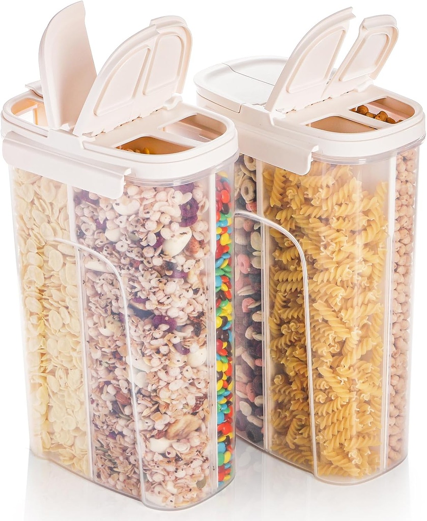 ZENFUN 2 Packs Airtight Pasta Containers, 108 FL OZ Plastic Storage Jars Canisters with 4 Compartments, Cereal Spaghetti Container Storage for Pantry, Grain, Noodles, Beans