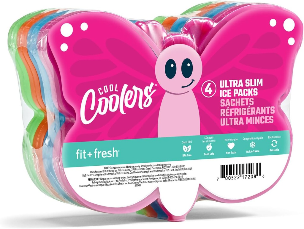 Cool Coolers Kids Lunch Box Ice Packs, Slim Ice Packs for Lunch Bags, Lunch Ice Packs ReusableMulticolored 4 Pack (Butterfly)
