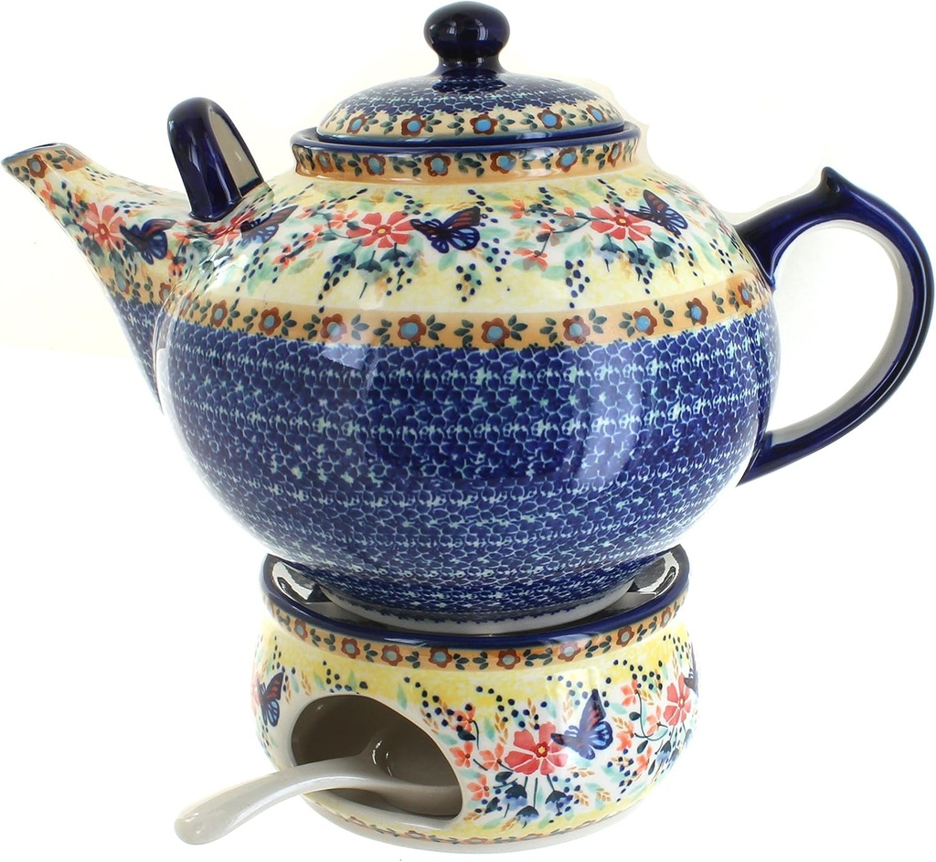 Blue Rose Polish Pottery - Yellow Blue Butterfly Large Teapot & Warmer - 11 Cup Capacity - Hand-Painted Polish Pottery Coffee & Tea Service