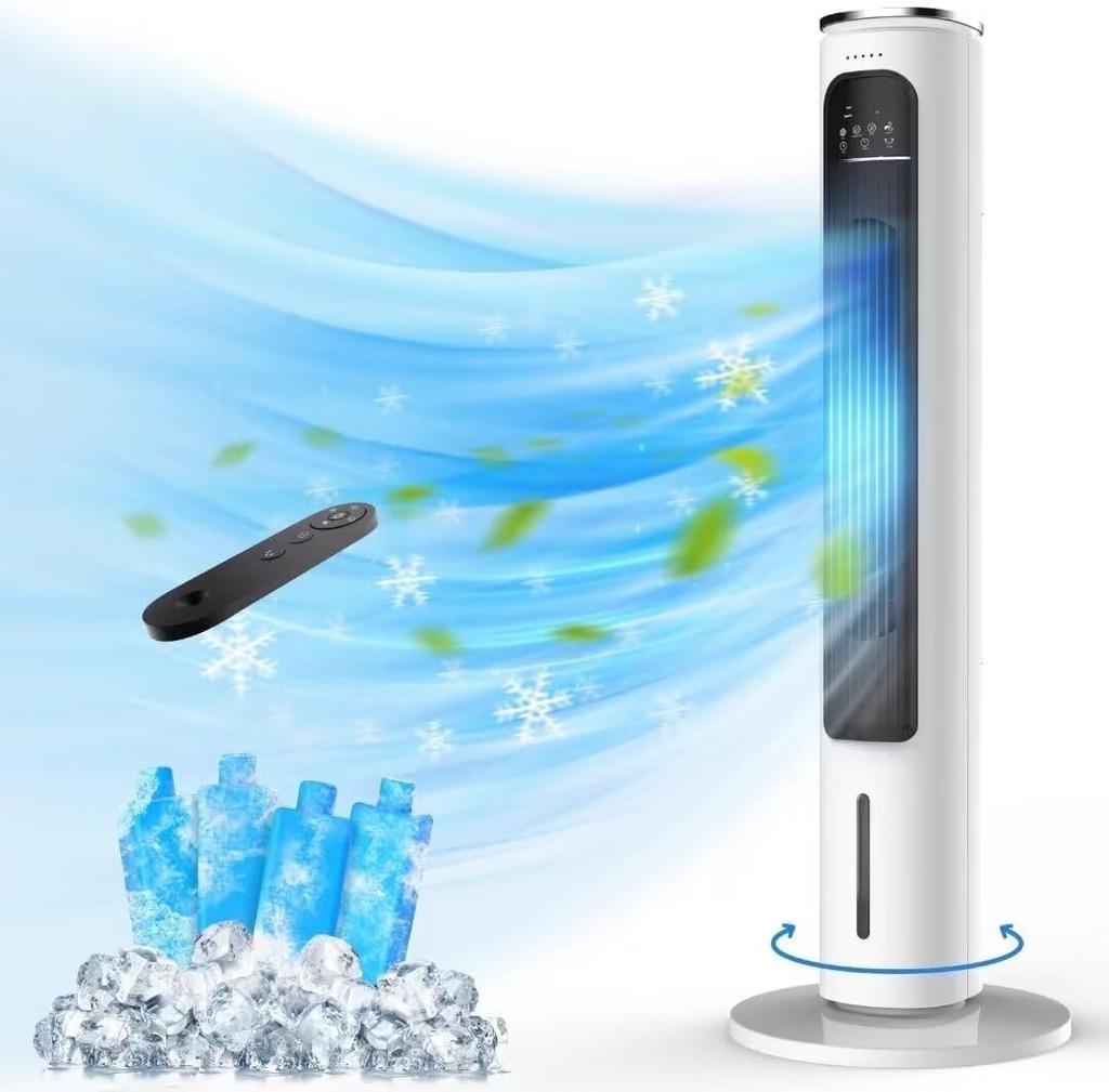 Windowless Portable Air Conditioners, 37’’ Evaporative Air Cooler w/Remote, 2.5L Water Tank & 4 Ice Packs, 12H Timer Auto-off, 70° Oscillating, Quiet Cooling Tower Fan For Bedroom Living Room Office