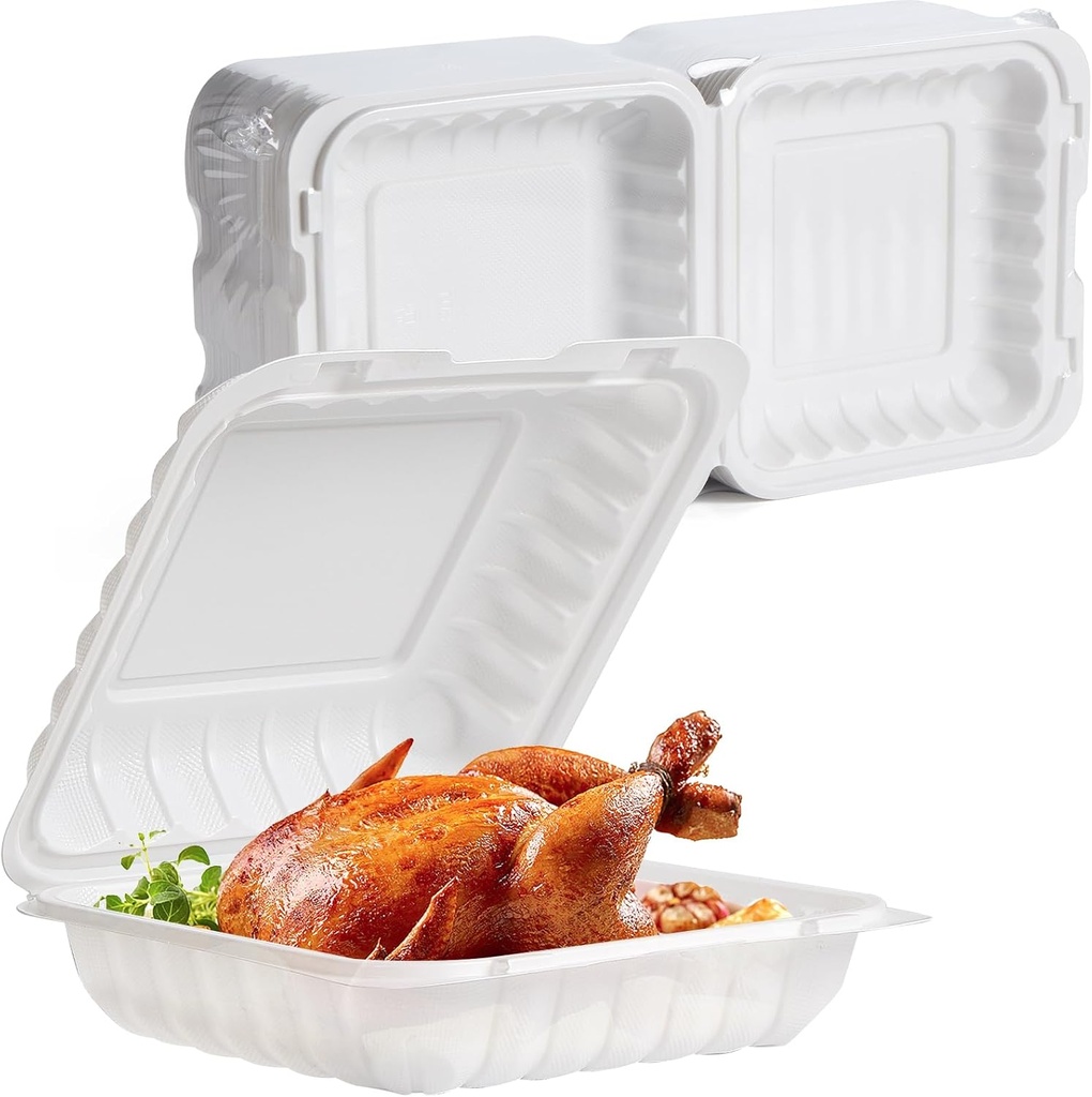 To Go Containers 8" 34 oz 55 Pack - Shrink Wrap BPA Free Mineral Filled PP | Reusable Dishwasher & Microwave Safe | Reusable Stackable Clamshell Takeout Picnic | White Catering Food Container