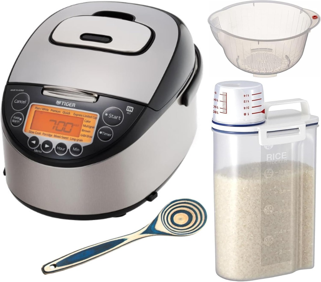 Tiger JKT-D10U Rice Cooker Bundle with Bamboo Spoon, Rice Washing Bowl with Side and Bottom Drainers, and Rice Container Bin (4 Items)