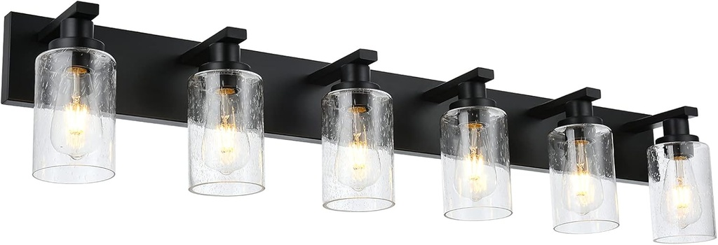 Modern Bathroom Vanity Light 6-Light Lamp in Black, Farmhouse Wall Light Fixture with Seeded Glass Shades Indoor Wall Lamp