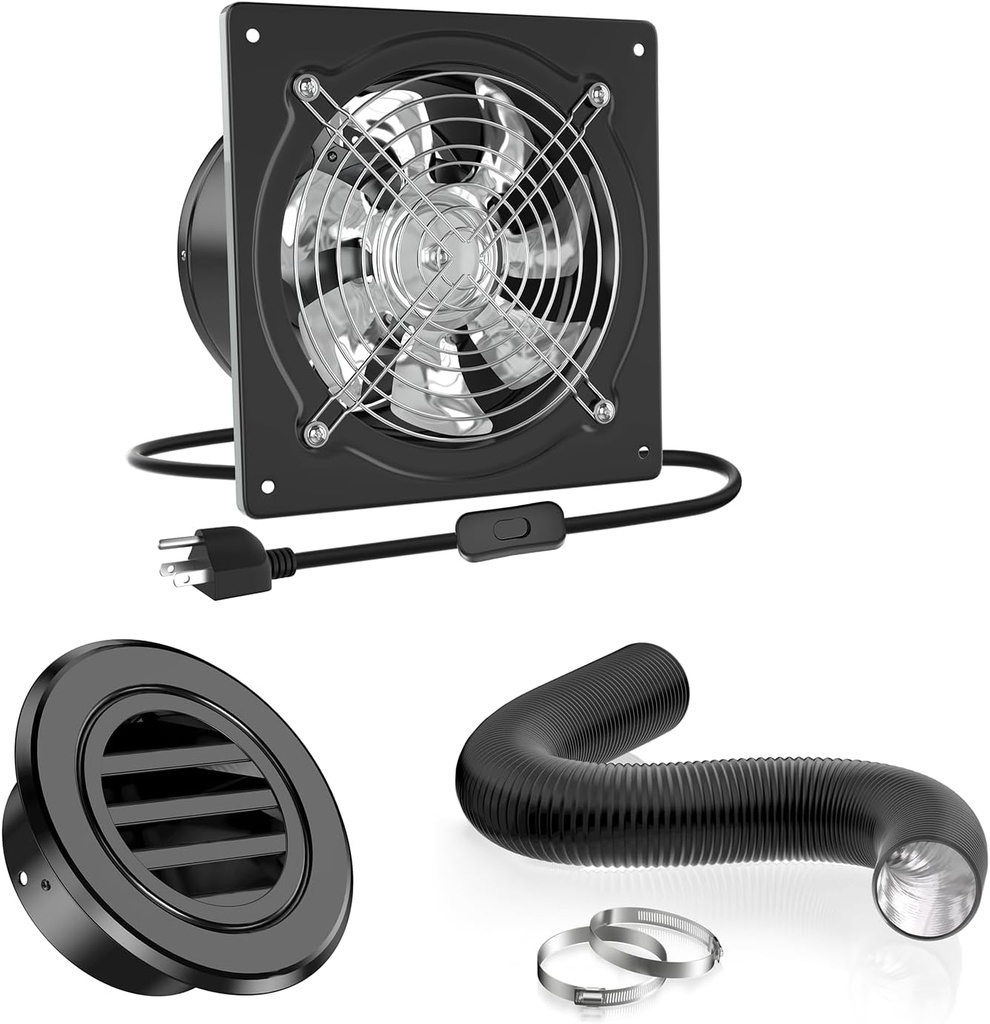 HG Power 6 Inch Exhasut Fan Kit - Metal Exhaust Fan, Aluminum Alloy Round Vent, 16-feet Flexible Air Ducting for Kitchen, Garage, Basement, Chicken Coop, Workshop, Greenhouse Ventilation Use