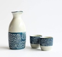 Japanese Sake Set Style Ceramic Sake Set with 1 Pot and 2 Cups Sake Set of 3 Pcs - Blue Traditional Hand Painted Sake Set