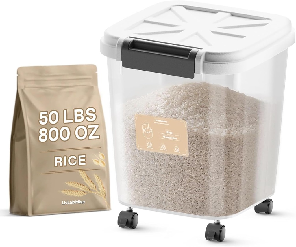 LivLab Mker Rice Dispenser - 50LBS Airtight food storage container with lids,cereal flour storage container with wheels, flour bin rice organizer (25KG)