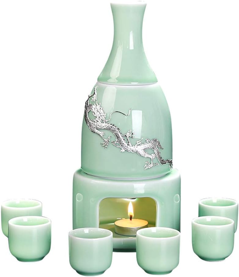 9 Pieces Sake Set, Celadon Wine Glasses Set with with Warmer and Candle Stove, Inlay Silver Dragon Cups, for Cold/Warm/Shochu/Tea, Best Gift for Family