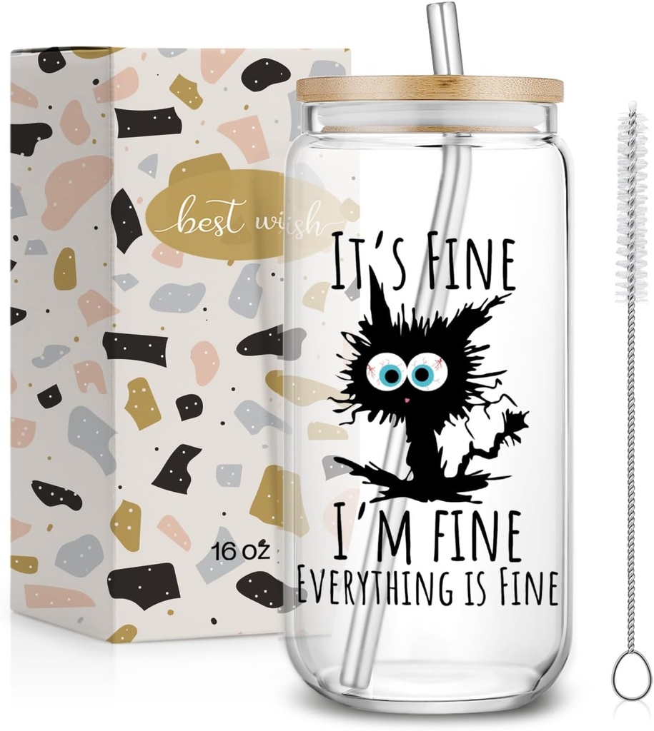 Funny Cat Cup Gifts for Women Coworker Teacher,Ice Coffee Glass Cup with Lid and Straw for Cat Mom,Easter Birthday Teacher's Day Gifts,It's Fine I'm Fine Everything is Fine-73
