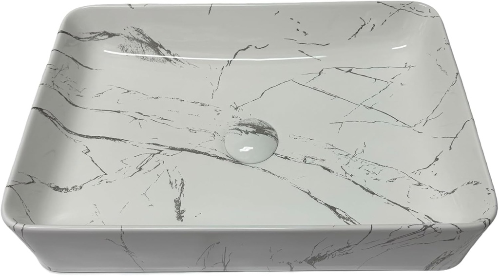 "20"x14" Rectangular Vessel Sink - White Marble-Look Glazed Ceramic Bathroom Sink with Pop-Up Drain (Without Overflow), Above Counter Porcelain Vanity Basin. Faucys