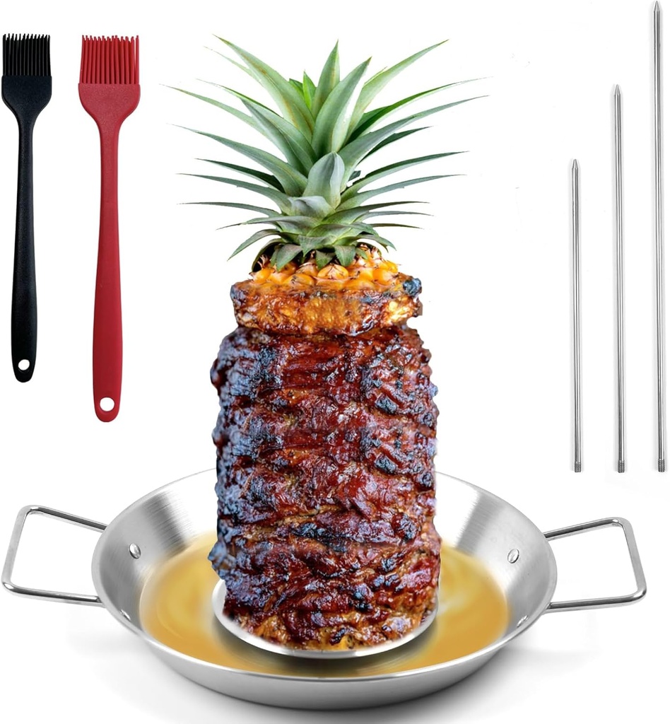 Fengzhe Al Pastor Skewer for Grill：Stainless Steel Vertical Skewer, Brazilian Spit Stand with 3 Spikes,2 Brushes,Ideal for Tacos Al Pastor,Shawarma, Kebabs on Smoker, Oven,with Fat Separator Tray