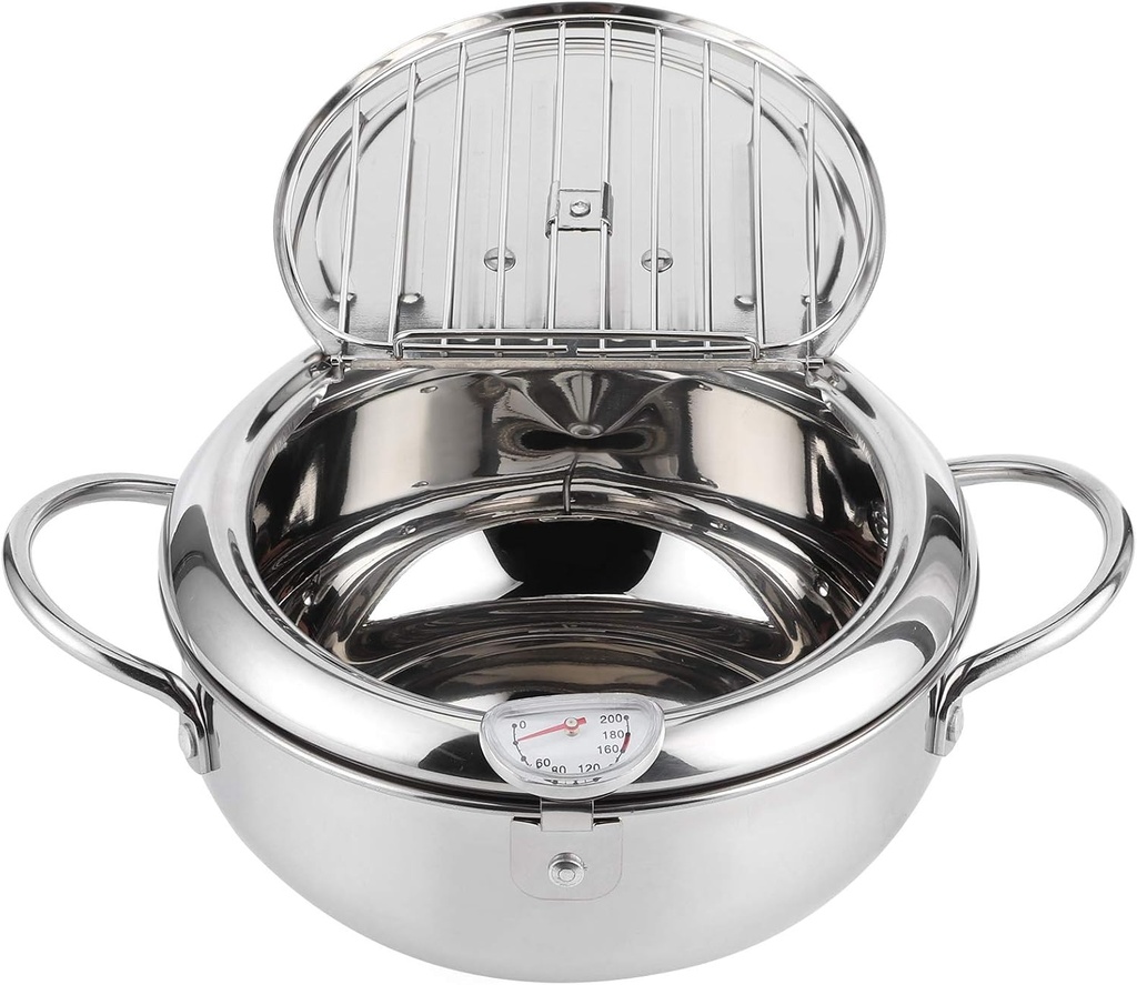 Deep Fryer Pot, Japanese Frying Pot with Thermometer, 304 Stainless Steel Deep Fryer with Oil Draining Rack for Tempura Chips Fries Fish and Chicken (Large 24cm)