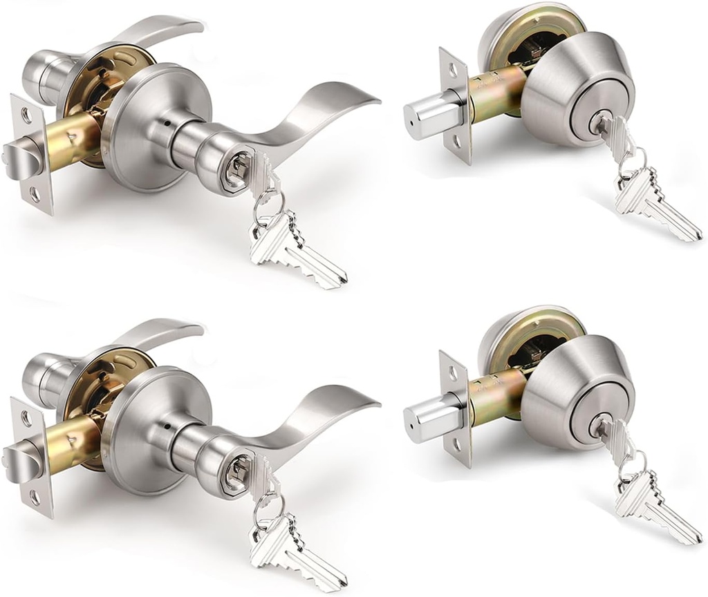 Knobonly 2 Pack Keyed Alike Front Door Handle with Double Cylinder Deadbolt, Satin Nickel Exterior Door Lock Set, Zinc Alloy