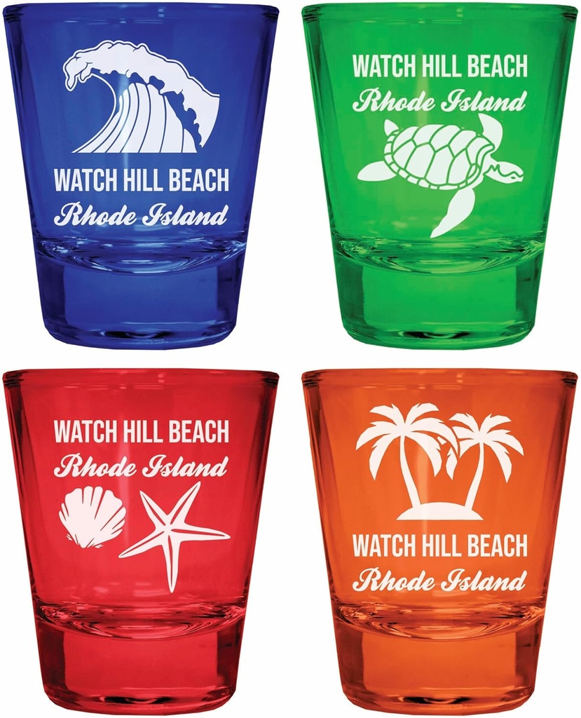 R and R Imports Watch Hill Beach Rhode Island Souvenir 4-Pack Multicolor Engraved Round Shot Glasses Beach Set