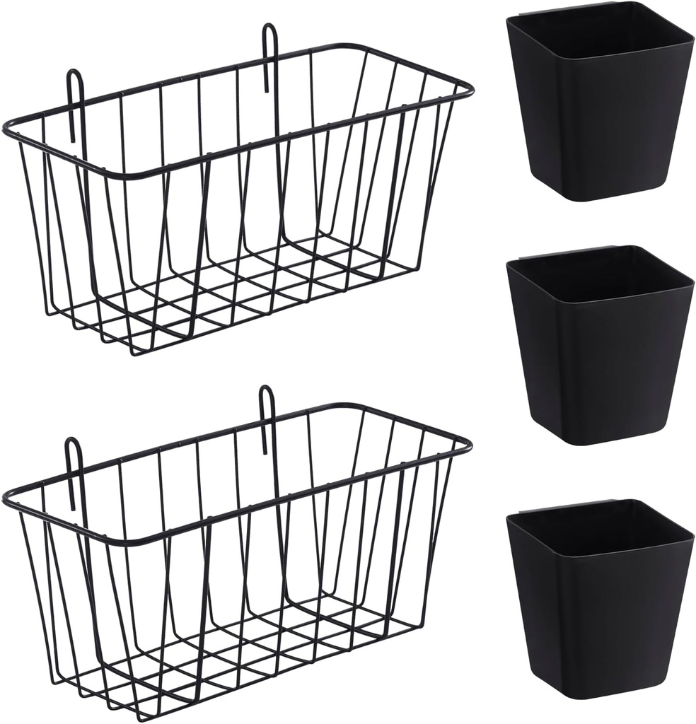 Large Grid Wall Baskets Cups - 5PC Gridwall Accessories Set Hanging Shelf Basket Bins Organizer - Modular Storage Holders for Photo Display Panel Shelving Caddy for Garage (2 Baskets & 3 Black Cups)