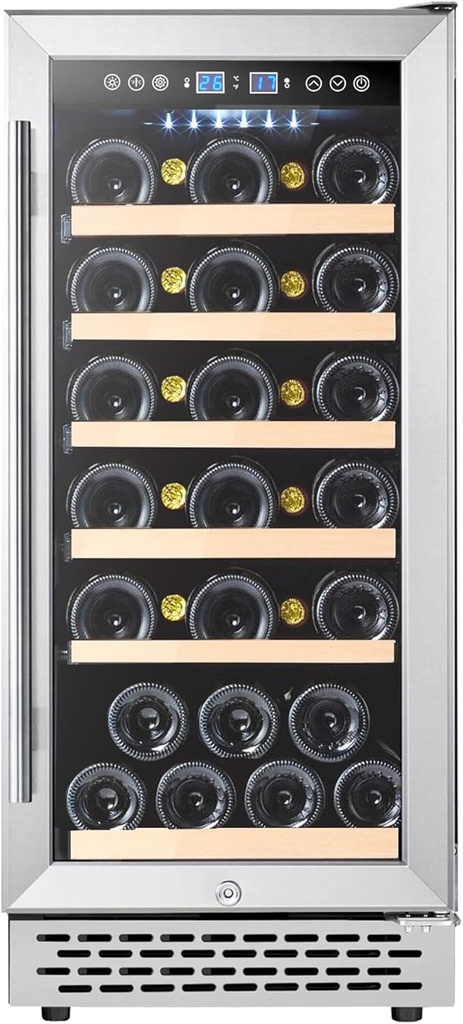 Wine Fridge, 28 Bottle Wine Cooler 34-65℉ Beverage Wine Refrigerator, Tempered Glass For Red Wine, Champagne, Adjust Temperature, Led Touch, Built-In or Freestanding for Bar, Home, Condo