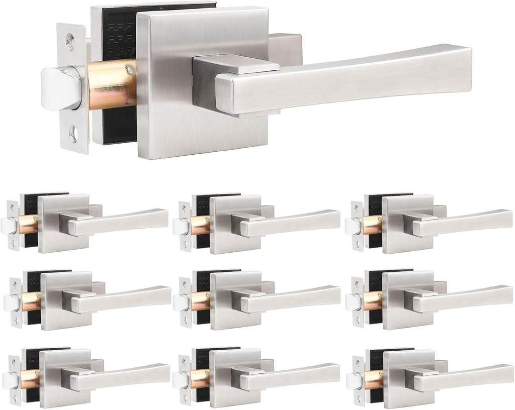 knobelite 10 Pack Passage Door Handle,Keyless Stain Nickel Interior Door Knob,Heavy Duty Door Lever Hardware for Hallway,Office,Reversible for Left & Right