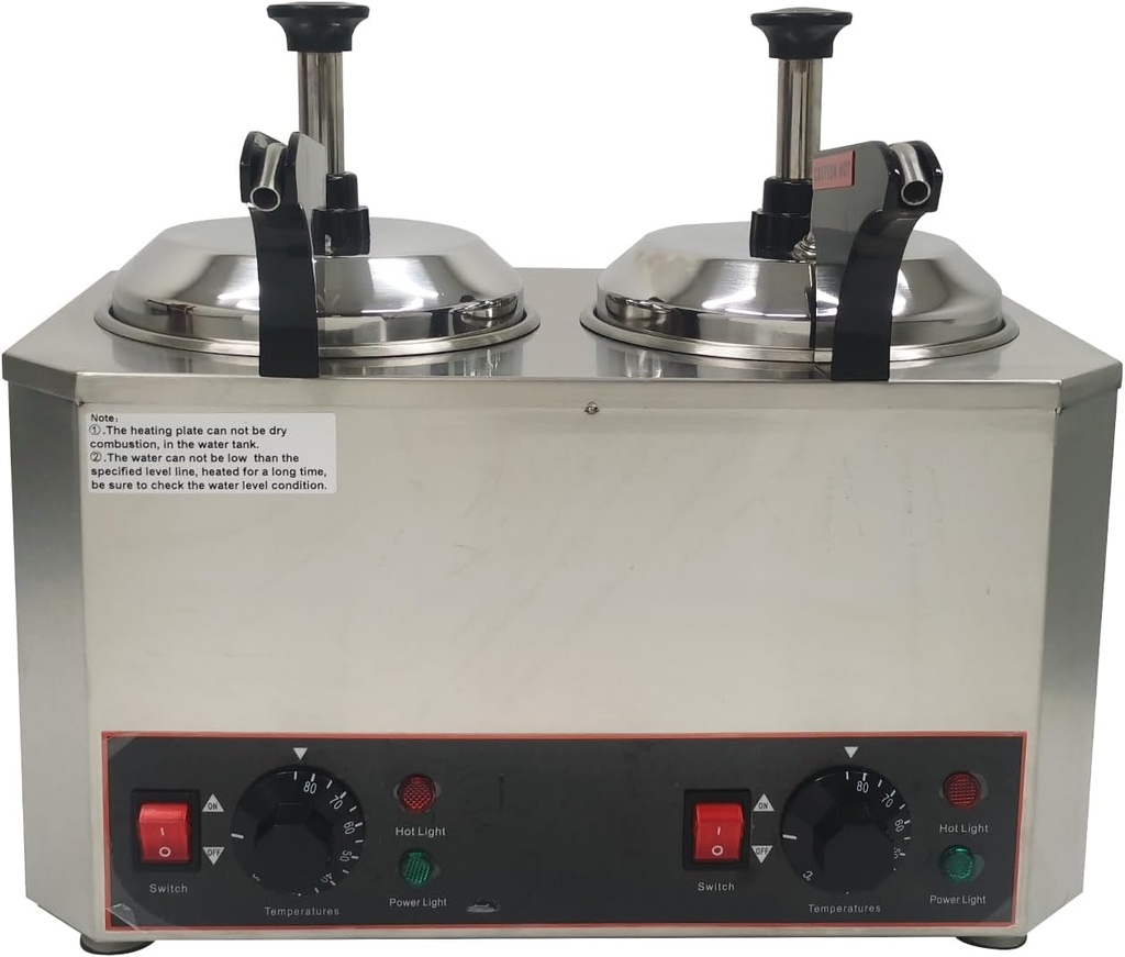 2 Pot Electric Sauce Warmer Dispenser Pump-Type Warmer Heat Preservation Machine with Two 2L Pot for Hot Fudge Cheese Chocolate Food Sauce Jam 86-185℉ Temp Adjustable 110V 800W