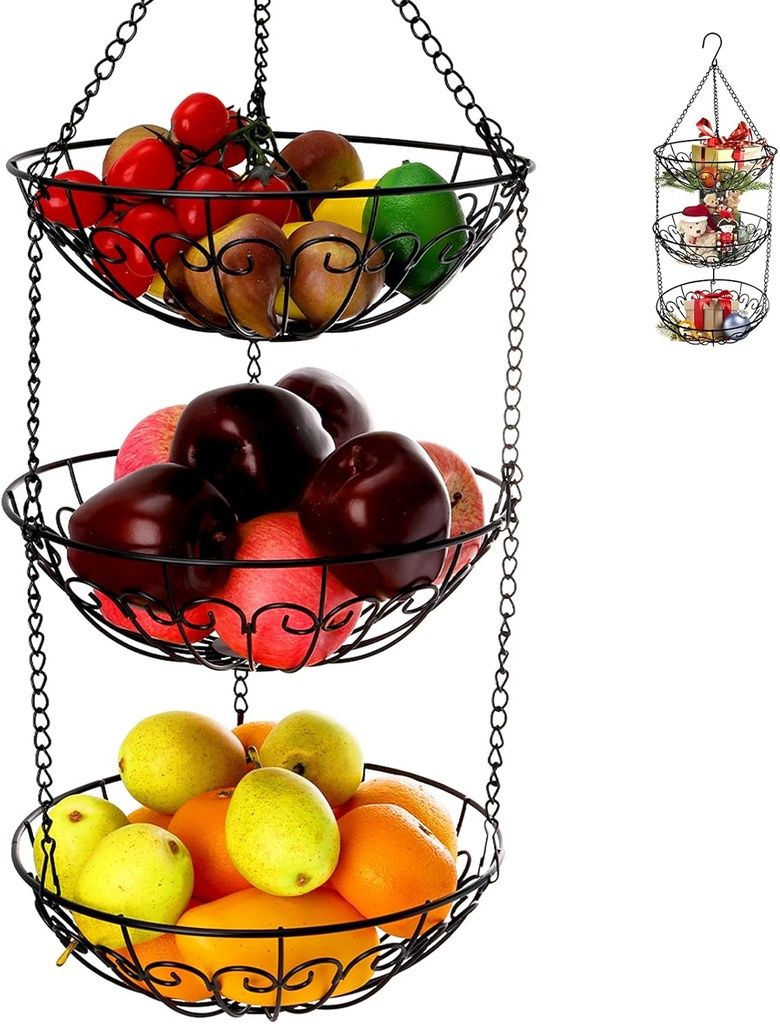 Dicunoy 3-Tier Hanging Fruit Basket, Heavy Duty Wire Baskets for Kitchen, Rustic Hanging Veggie Rack, Metal Fruit Holder with Hook Storage for Potatoes, Onions, Oranges, Bananas, Limes, Lemons