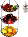 Dicunoy 3-Tier Hanging Fruit Basket, Heavy Duty Wire Baskets for Kitchen, Rustic Hanging Veggie Rack, Metal Fruit Holder with Hook Storage for Potatoes, Onions, Oranges, Bananas, Limes, Lemons