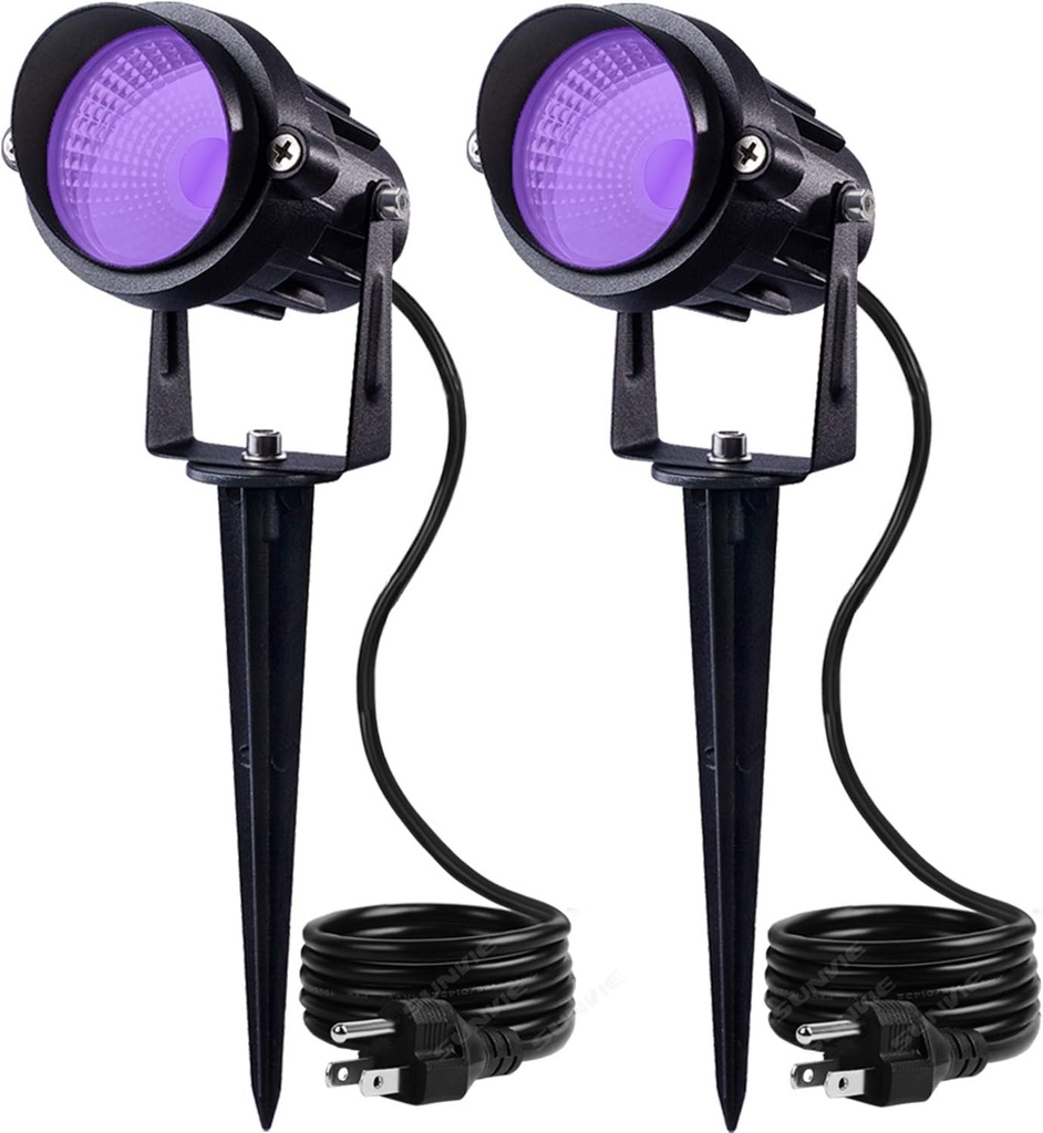 SUNVIE Outdoor Black Light Halloween Spotlight, 12W Purple LEDs, Waterproof, US Plug, 90 Degree Beam, Ideal for Parties, Clubs, Bars, Gyms, Decoration, 2 Pack