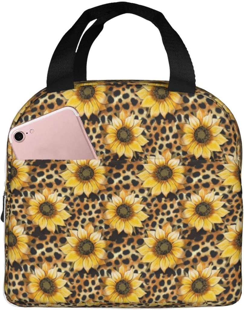 Sunflowers Leopard Cheetah Animal Skin Pattern Lunch Bag for Women Men Insulated Lunch Box Container with Pocket Tote Bags for Work Travel Picnic Beach