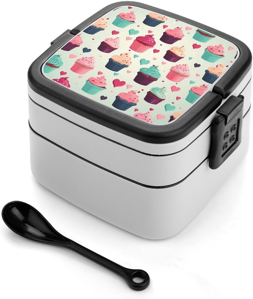 Cupcake Candy Hearts Sweet Bento Box, Reusable Double Layer Lunch Box with Handle & Dividers, 1000ml Leakproof Lunch Container for Office, Picnic, Travel