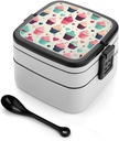 Cupcake Candy Hearts Sweet Bento Box, Reusable Double Layer Lunch Box with Handle & Dividers, 1000ml Leakproof Lunch Container for Office, Picnic, Travel