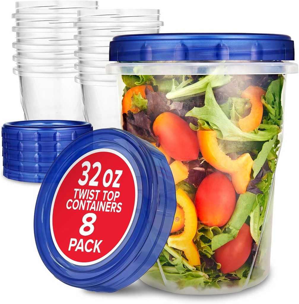 Stock Your Home 32oz Plastic Containers with Twist Top Lids (3 Pack) – Quart Freezer Containers for Leftovers, Airtight Reusable Soup Storage, Microwave & Dishwasher Safe