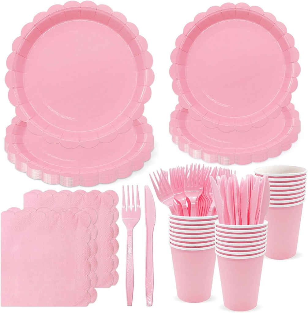 144PCS Light Pink Plates and Napkins, Pink Birthday Party Supplies Scalloped Paper Plates Napkins Cups Tableware Set Light Pink Disposable Dinnerware for Wedding Bridal Baby Shower Decoration Serve 24