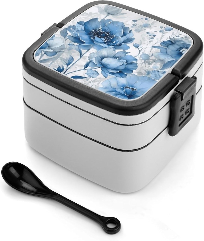 Flowers on White Background Bento Box with Compartments Double Layer Bento Lunch Box with Spoon And Handle All-in-One Adult Lunchbox Leakproof Lunch Container for Work Picnic Travel