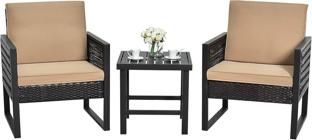 Tangkula 3 Piece Patio Wicker Bistro Set, Outdoor Rattan Sofa, Conversation Furniture w/Coffee Table, Seat and Back Cushions, Garden, Backyard, Balcony, Poolside