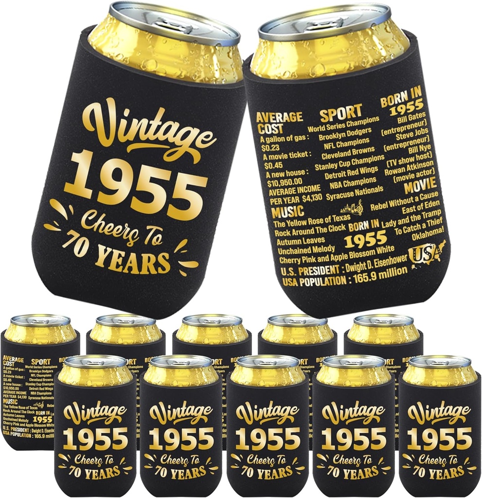 70th Birthday Decorations for Men Women 70th Birthday Gifts 70th Party Decorations 70 Year Old Bday Party Favors Supplies Seventy Birthday Presents Black and Gold Pack of 12 Can Cooler Sleeves