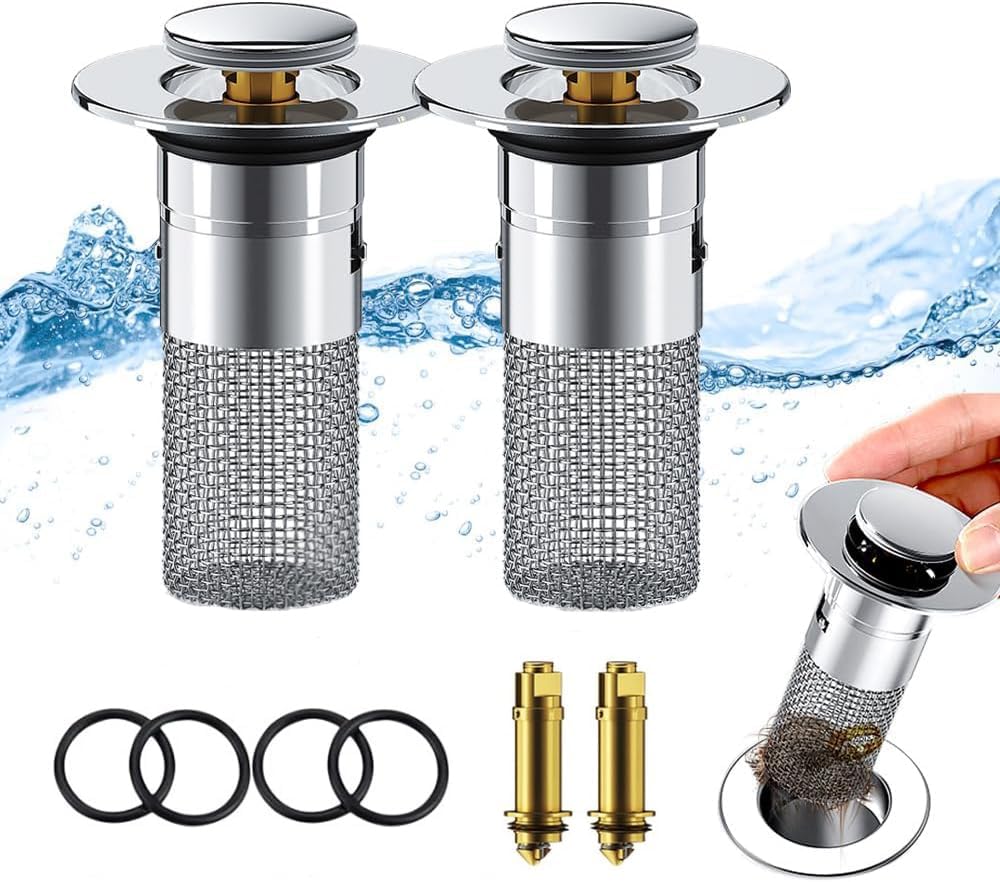 2Pcs Bathroom Sink Drain Strainer, Pop up Sink Drain Strainer with Removable Stainless Steel Strainer Basket Hair Catcher, Bathroom Sink Stopper Hair Catcher for Bathroom Sink Stopper Replacement